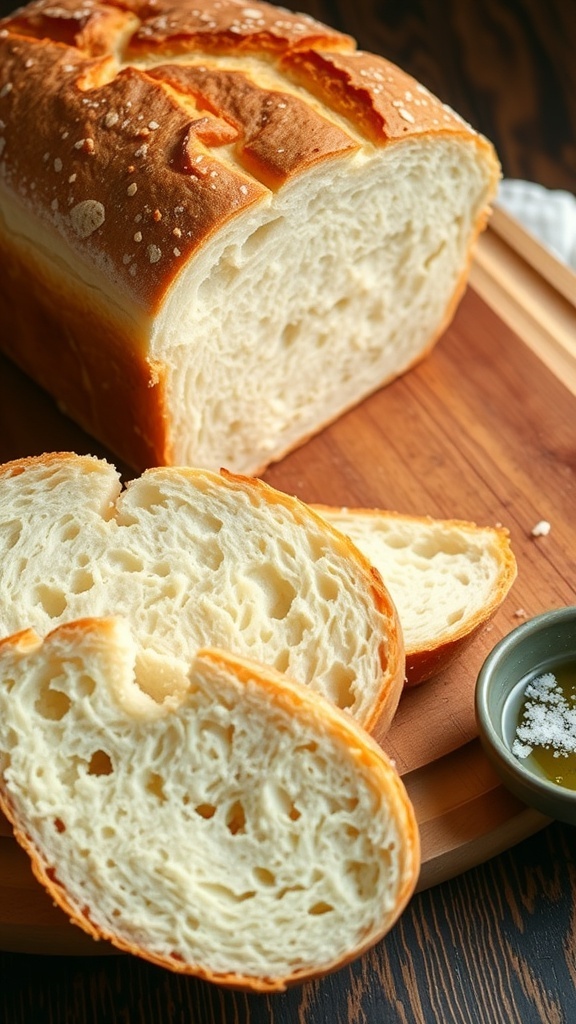 Freshly baked sourdough bread loaf with golden crust and soft interior, sliced on a wooden board.